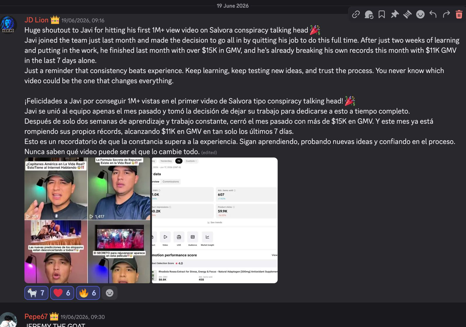 Discord shoutout: member hits 1M+ views and $15K GMV